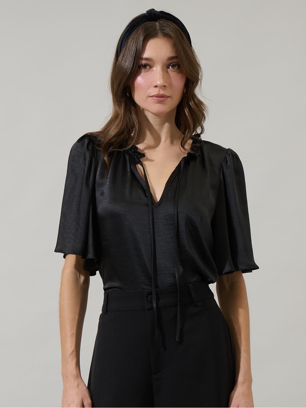 Sugarlips Charcoal Satin Tie-Neck Blouse